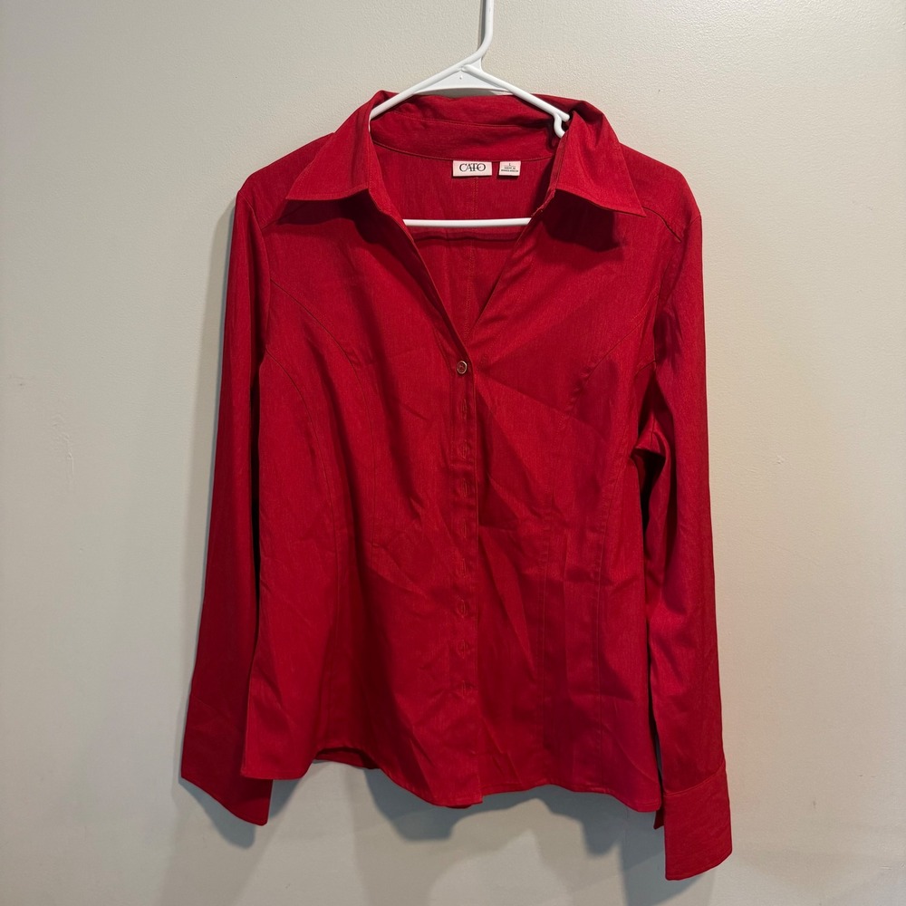 Cato Womens‎ Large Red Long Sleeve Button Down Shirt Stretch Tailored Blouse